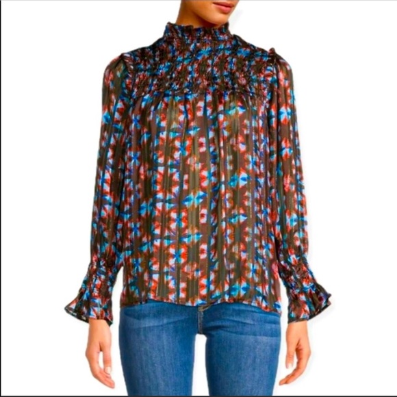 Elan Tops - Elan Brown Geo Foil Bell Sleeve Blouse Size Small NWT